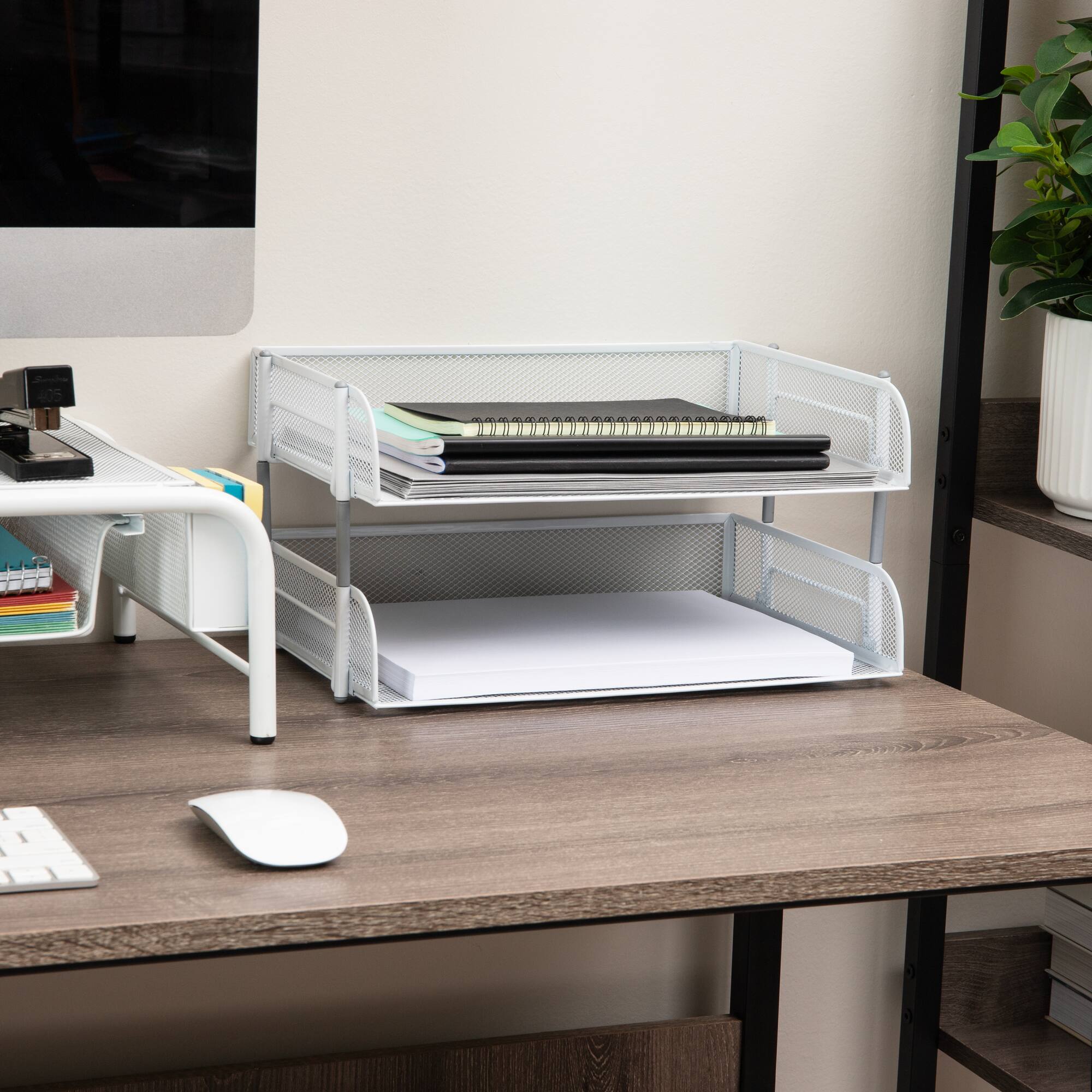Mind Reader Stackable Paper Tray, Desktop Organizer, File Storage, Office, Metal Mesh, 13.5"L x 10"W x 7.25"H, 2 Pcs., White